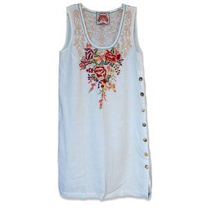 Johnny Was Mini Dress Embroidered White Linen Bohemian Hippie 60s Summer Sheath